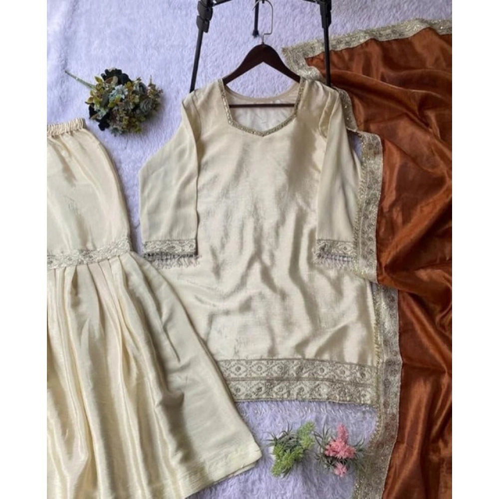 Women's Silk Embroidered 3/4th Sleeve V-Neck Kurti With Sharara Pant and Dupatta Set (Cream &amp; Orange)
