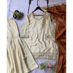 Women's Silk Embroidered 3/4th Sleeve V-Neck Kurti With Sharara Pant and Dupatta Set (Cream &amp; Orange)