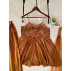 Women's Silk Embroidered Sleeveless Round Kurti With Palazzo Pant and Dupatta Set (Brown)