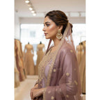 Women's Silk Embroidered 3/4th Sleeve Round Kurti With Sharara Pant and Dupatta Set (Purple)