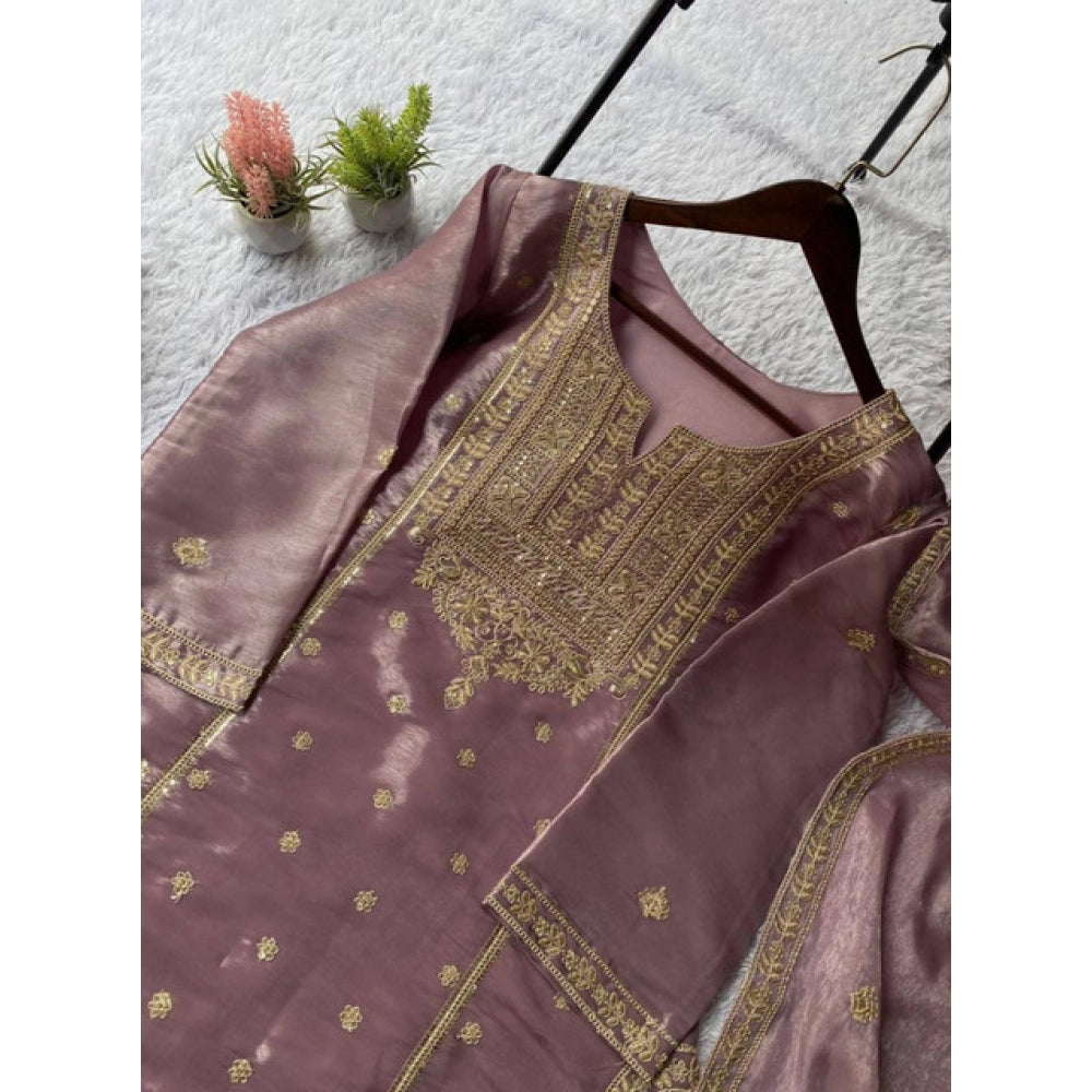 Women's Silk Embroidered 3/4th Sleeve Round Kurti With Sharara Pant and Dupatta Set (Purple)