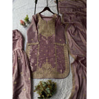 Women's Silk Embroidered 3/4th Sleeve Round Kurti With Sharara Pant and Dupatta Set (Purple)