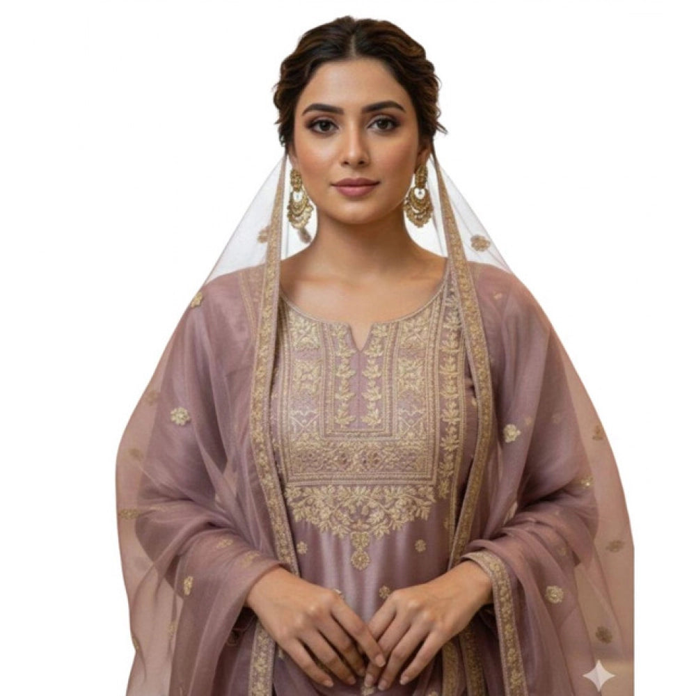 Women's Silk Embroidered 3/4th Sleeve Round Kurti With Sharara Pant and Dupatta Set (Purple)