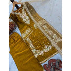 Women's Silk Embroidered 3/4th Sleeve Round Kurti With Palazzo Pant and Dupatta Set (Gold)