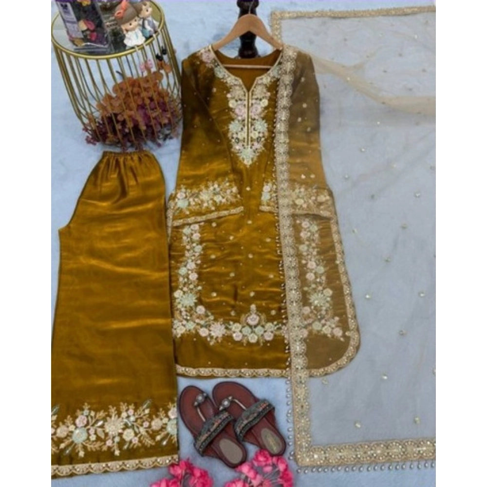 Women's Silk Embroidered 3/4th Sleeve Round Kurti With Palazzo Pant and Dupatta Set (Gold)