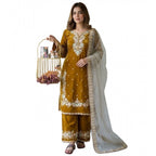 Women's Silk Embroidered 3/4th Sleeve Round Kurti With Palazzo Pant and Dupatta Set (Gold)