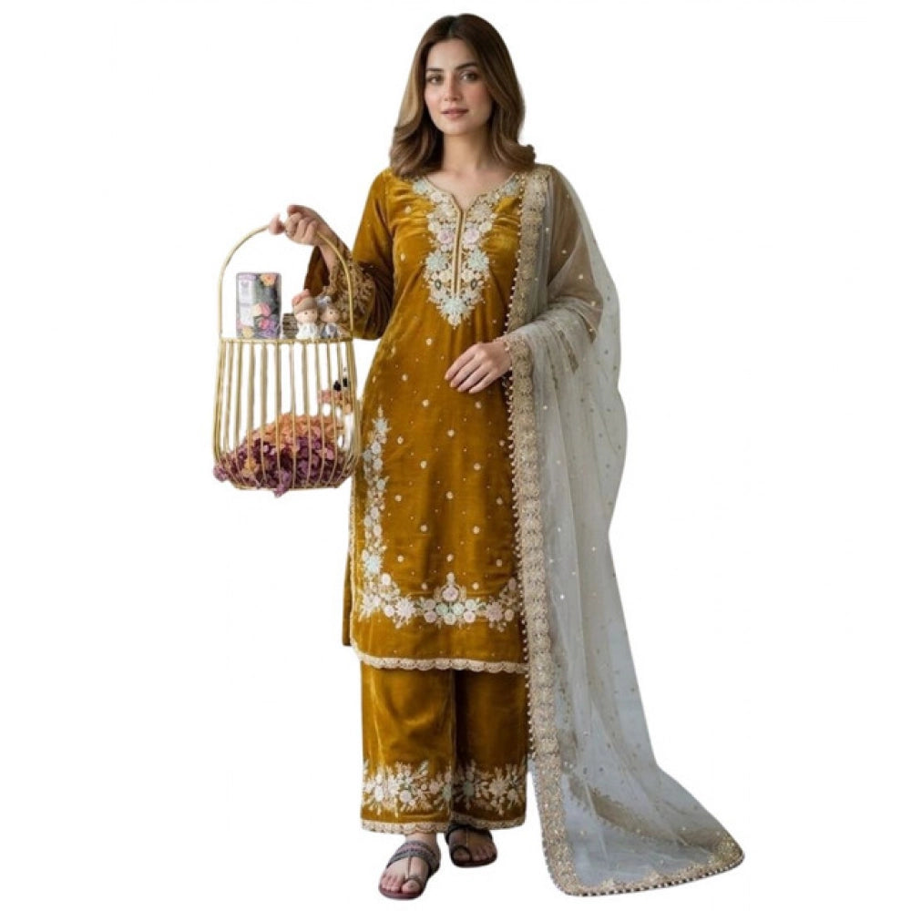 Women's Silk Embroidered 3/4th Sleeve Round Kurti With Palazzo Pant and Dupatta Set (Gold)