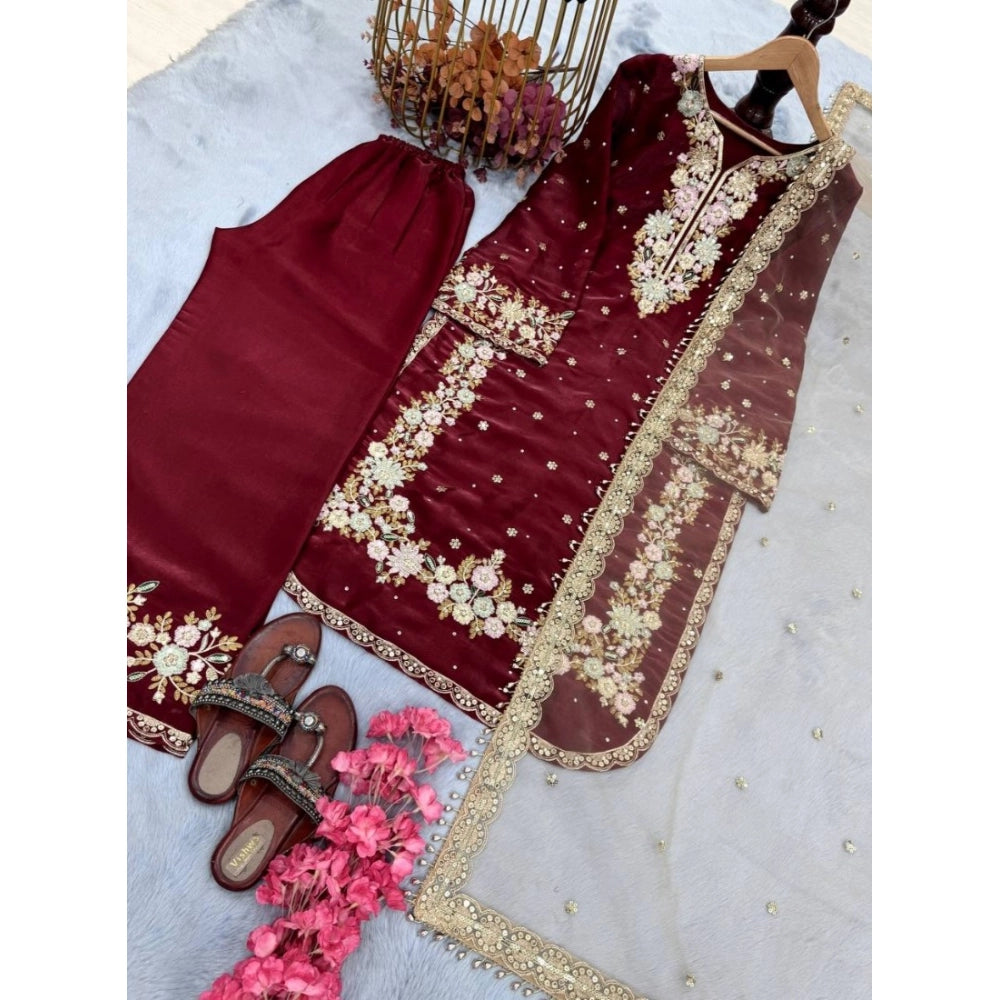 Women's Silk Embroidered 3/4th Sleeve Round Kurti With Palazzo Pant and Dupatta Set (Maroon)