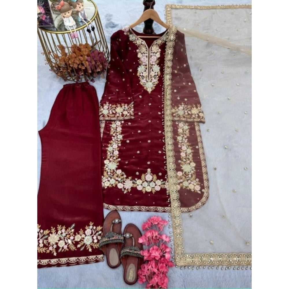 Women's Silk Embroidered 3/4th Sleeve Round Kurti With Palazzo Pant and Dupatta Set (Maroon)