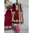 Women's Silk Embroidered 3/4th Sleeve Round Kurti With Palazzo Pant and Dupatta Set (Maroon)
