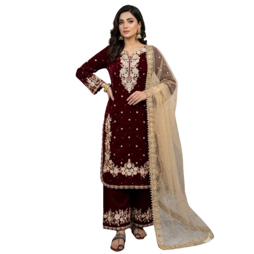 Women's Silk Embroidered 3/4th Sleeve Round Kurti With Palazzo Pant and Dupatta Set (Maroon)