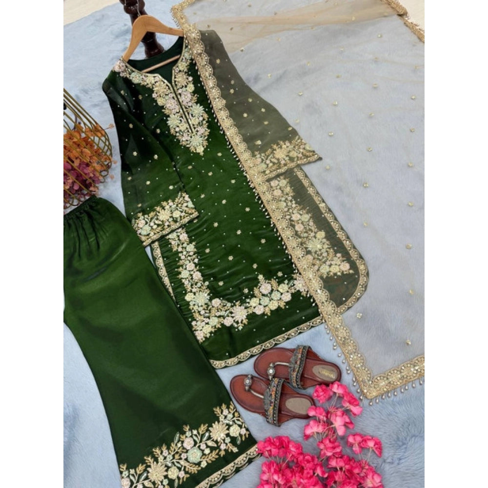 Women's Silk Embroidered 3/4th Sleeve Round Kurti With Palazzo Pant and Dupatta Set (Dark Green)