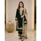 Women's Silk Embroidered 3/4th Sleeve Round Kurti With Palazzo Pant and Dupatta Set (Dark Green)
