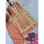 Women's Silk Embroidered 3/4th Sleeve Round Kurti With Palazzo Pant and Dupatta Set (Orange)
