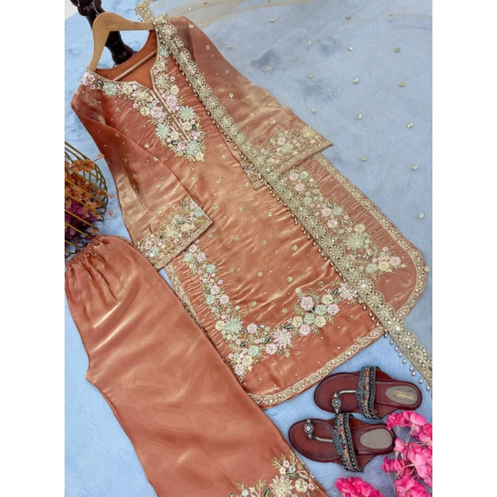 Women's Silk Embroidered 3/4th Sleeve Round Kurti With Palazzo Pant and Dupatta Set (Orange)