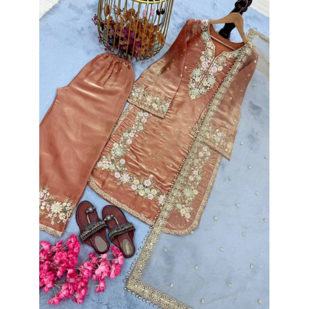 Women's Silk Embroidered 3/4th Sleeve Round Kurti With Palazzo Pant and Dupatta Set (Orange)