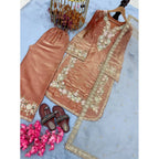 Women's Silk Embroidered 3/4th Sleeve Round Kurti With Palazzo Pant and Dupatta Set (Orange)