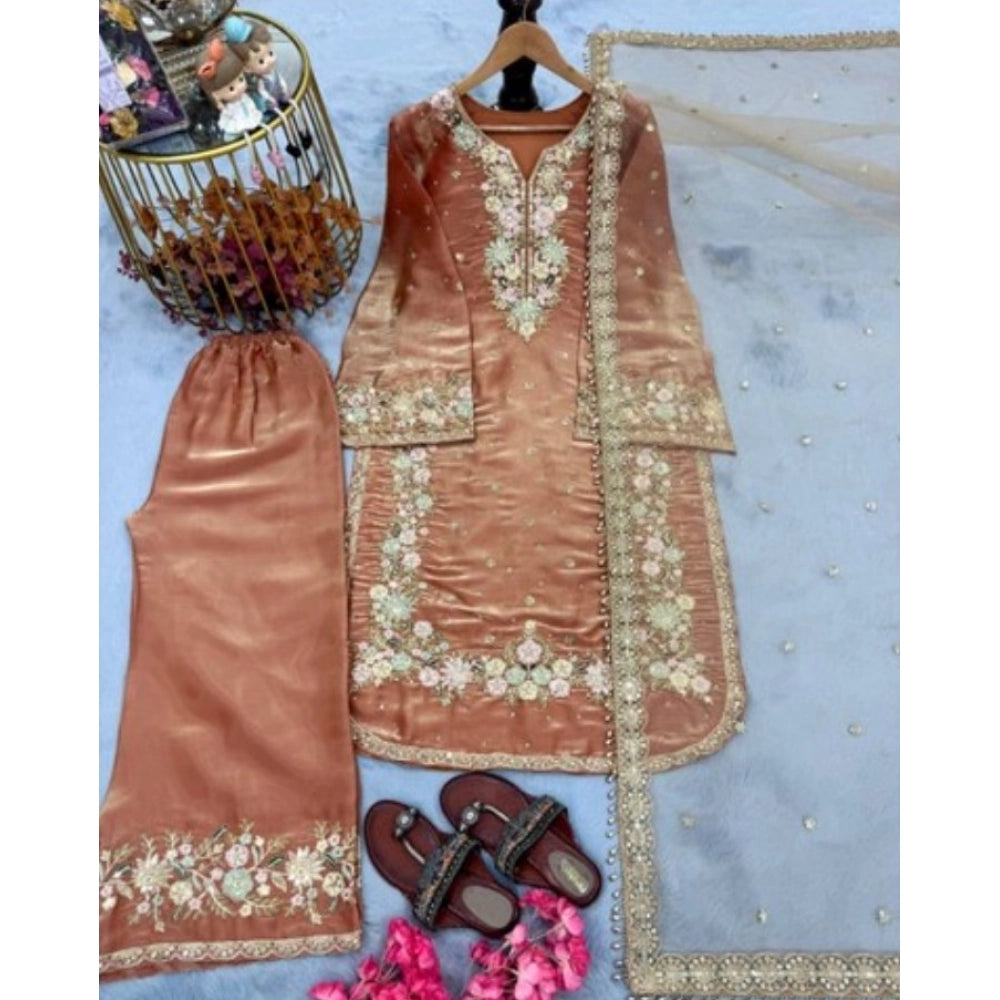 Women's Silk Embroidered 3/4th Sleeve Round Kurti With Palazzo Pant and Dupatta Set (Orange)