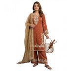 Women's Silk Embroidered 3/4th Sleeve Round Kurti With Palazzo Pant and Dupatta Set (Orange)