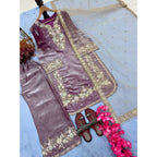 Women's Silk Embroidered 3/4th Sleeve Round Kurti With Palazzo Pant and Dupatta Set (Lavender)