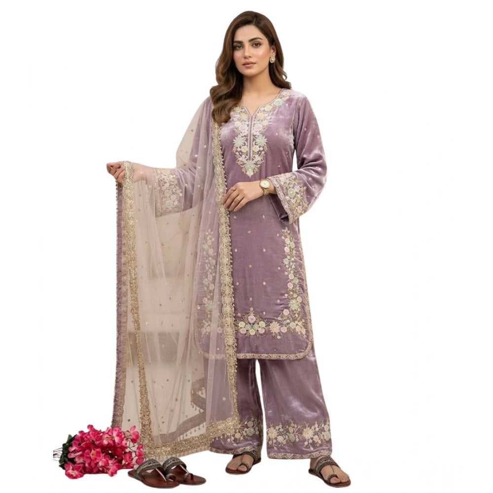 Women's Silk Embroidered 3/4th Sleeve Round Kurti With Palazzo Pant and Dupatta Set (Lavender)