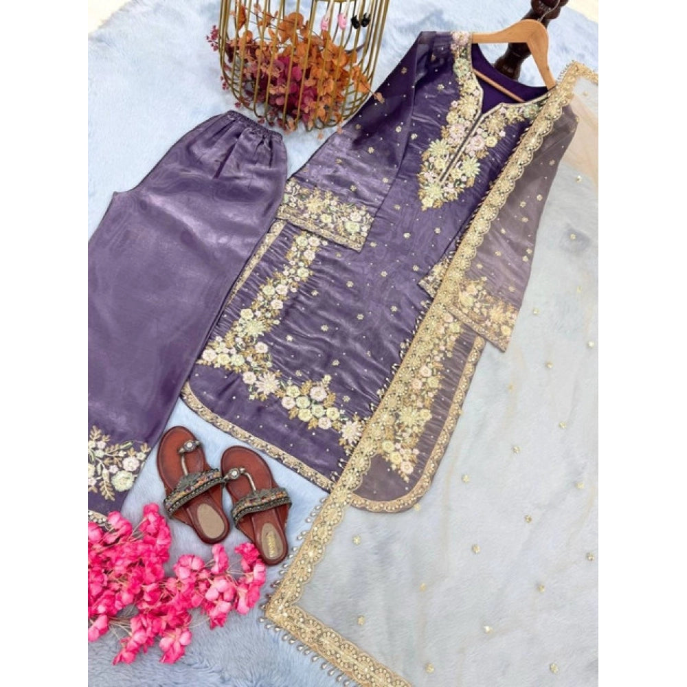 Women's Silk Embroidered 3/4th Sleeve Round Kurti With Palazzo Pant and Dupatta Set (Purple)