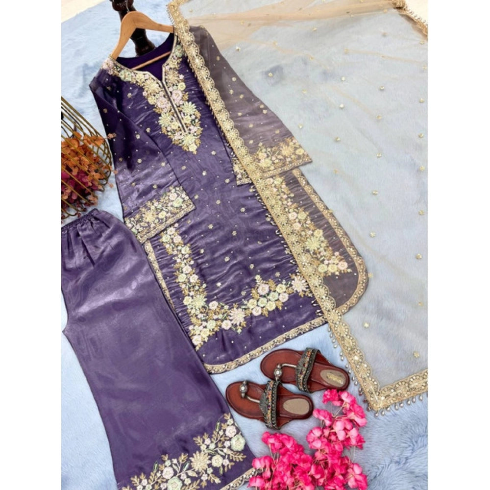 Women's Silk Embroidered 3/4th Sleeve Round Kurti With Palazzo Pant and Dupatta Set (Purple)