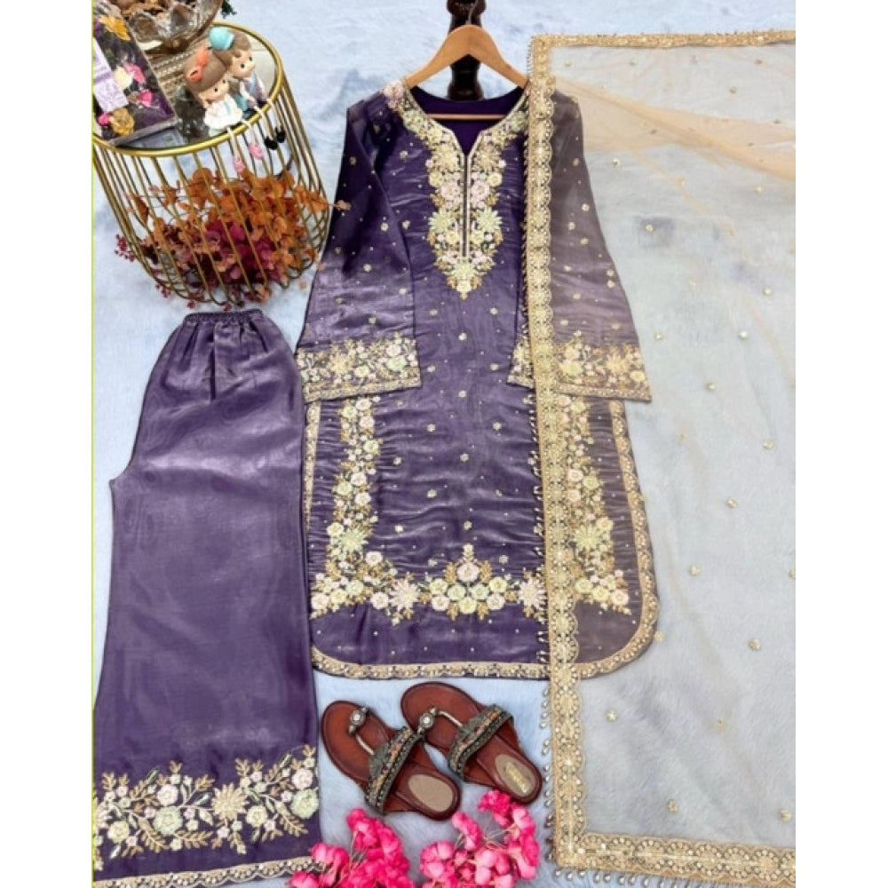 Women's Silk Embroidered 3/4th Sleeve Round Kurti With Palazzo Pant and Dupatta Set (Purple)