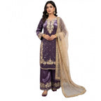 Women's Silk Embroidered 3/4th Sleeve Round Kurti With Palazzo Pant and Dupatta Set (Purple)