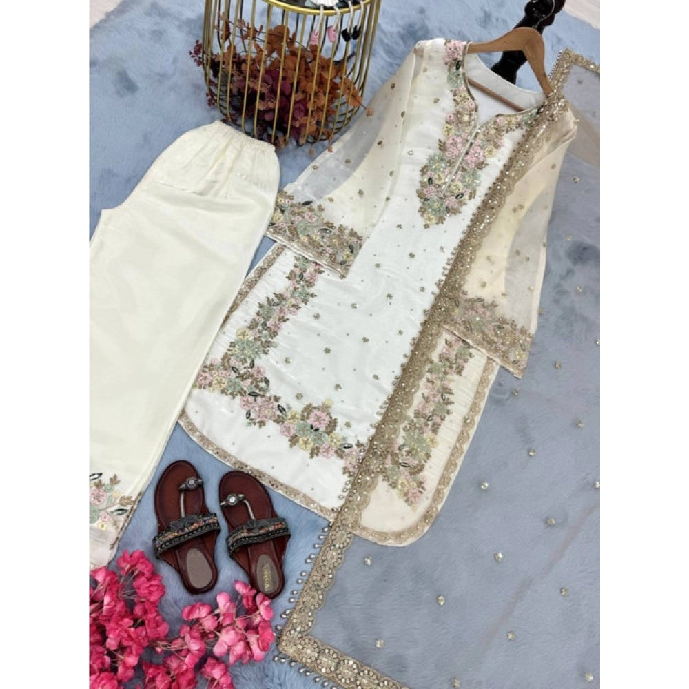 Women's Silk Embroidered 3/4th Sleeve Round Kurti With Palazzo Pant and Dupatta Set (White)