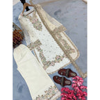 Women's Silk Embroidered 3/4th Sleeve Round Kurti With Palazzo Pant and Dupatta Set (White)