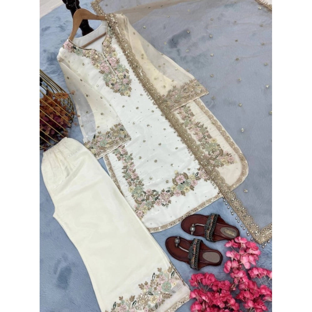 Women's Silk Embroidered 3/4th Sleeve Round Kurti With Palazzo Pant and Dupatta Set (White)