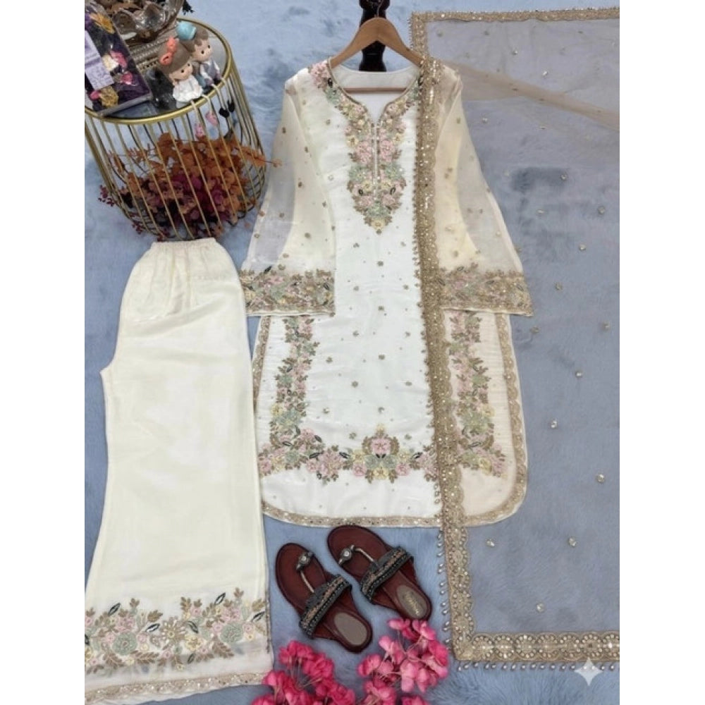Women's Silk Embroidered 3/4th Sleeve Round Kurti With Palazzo Pant and Dupatta Set (White)