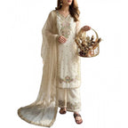 Women's Silk Embroidered 3/4th Sleeve Round Kurti With Palazzo Pant and Dupatta Set (White)