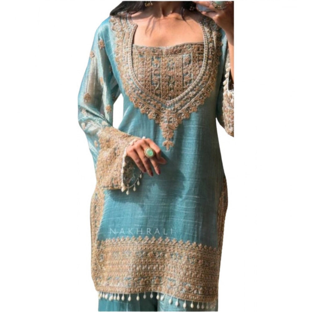 Women's Silk Embroidered 3/4th Sleeve Round Kurti With Sharara Pant and Dupatta Set (Sea Green)