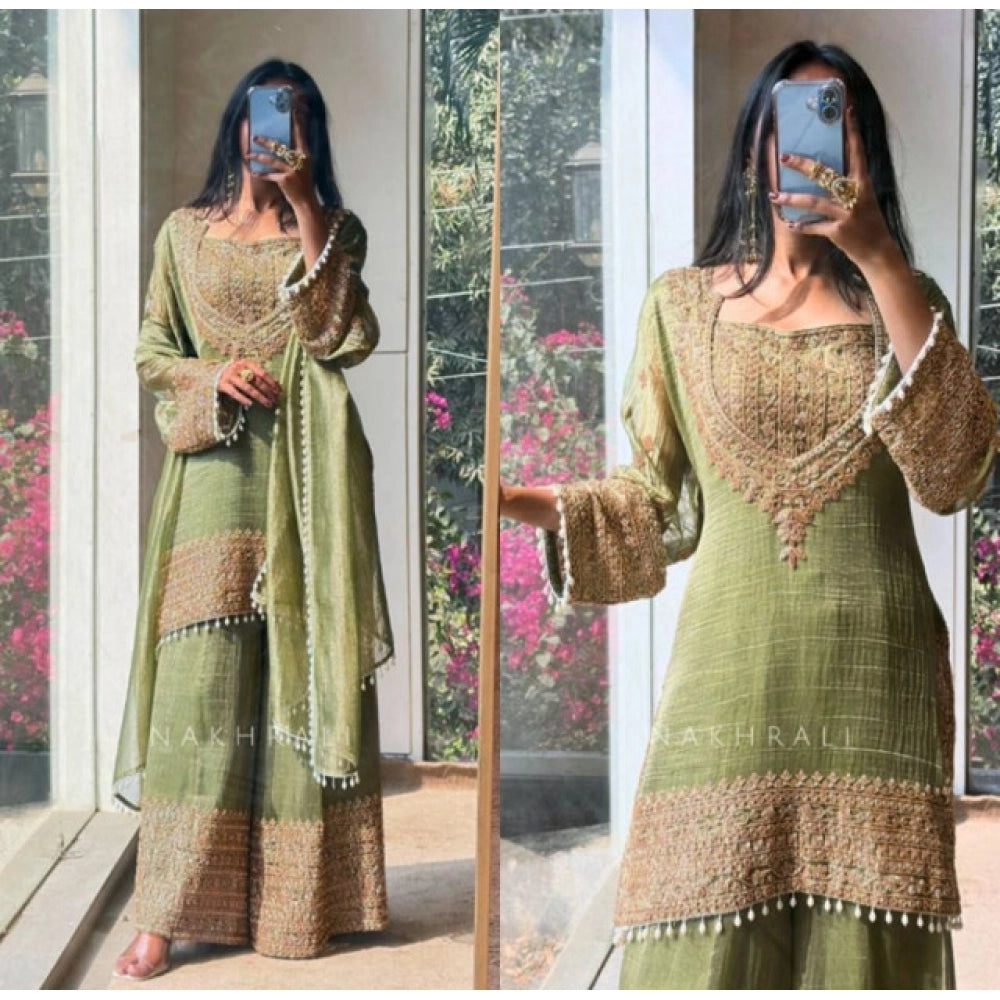Women's Silk Embroidered 3/4th Sleeve Round Kurti With Sharara Pant and Dupatta Set (Green)