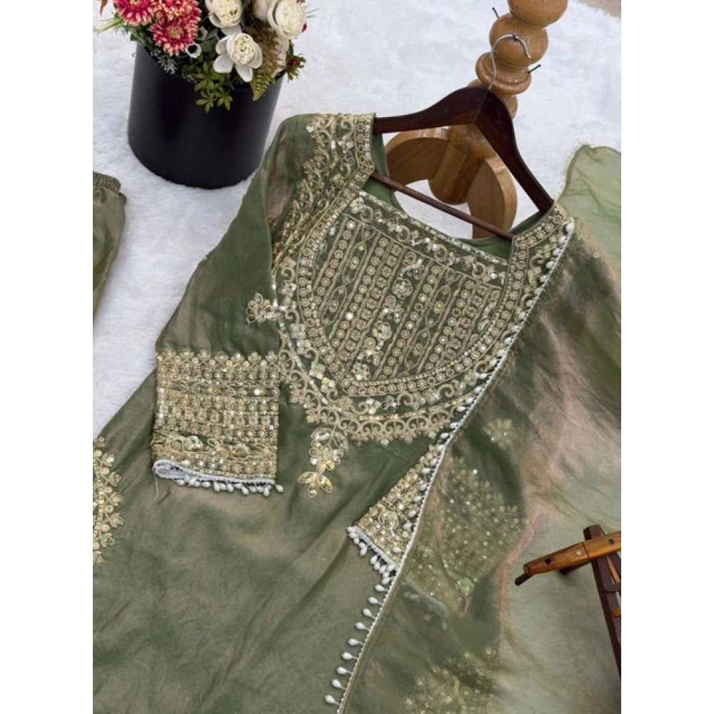 Women's Silk Embroidered 3/4th Sleeve Round Kurti With Sharara Pant and Dupatta Set (Green)