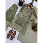 Women's Silk Embroidered 3/4th Sleeve Round Kurti With Sharara Pant and Dupatta Set (Green)