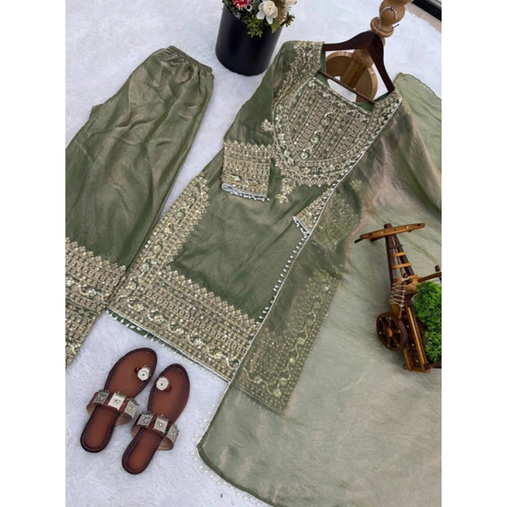 Women's Silk Embroidered 3/4th Sleeve Round Kurti With Sharara Pant and Dupatta Set (Green)