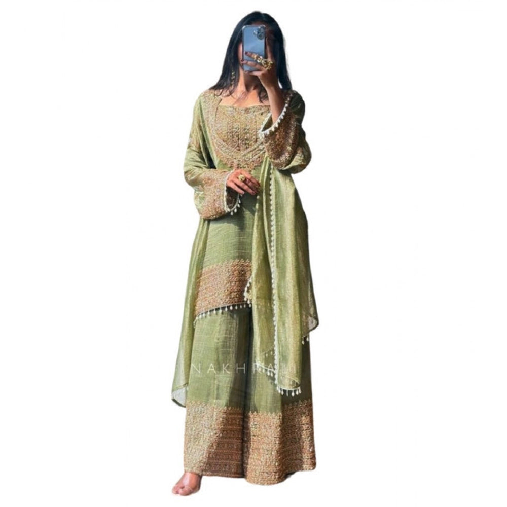 Women's Silk Embroidered 3/4th Sleeve Round Kurti With Sharara Pant and Dupatta Set (Green)