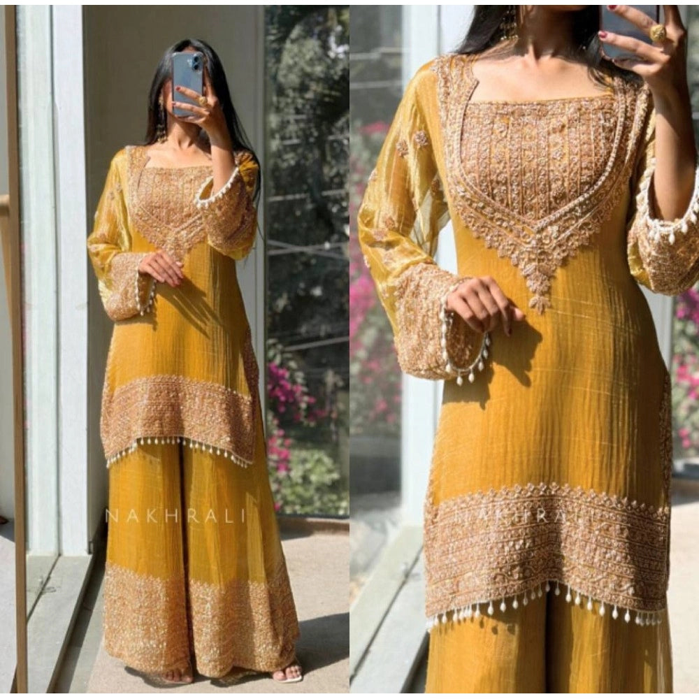 Women's Silk Embroidered 3/4th Sleeve Round Kurti With Sharara Pant and Dupatta Set (Yellow)