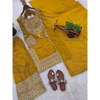 Women's Silk Embroidered 3/4th Sleeve Round Kurti With Sharara Pant and Dupatta Set (Yellow)
