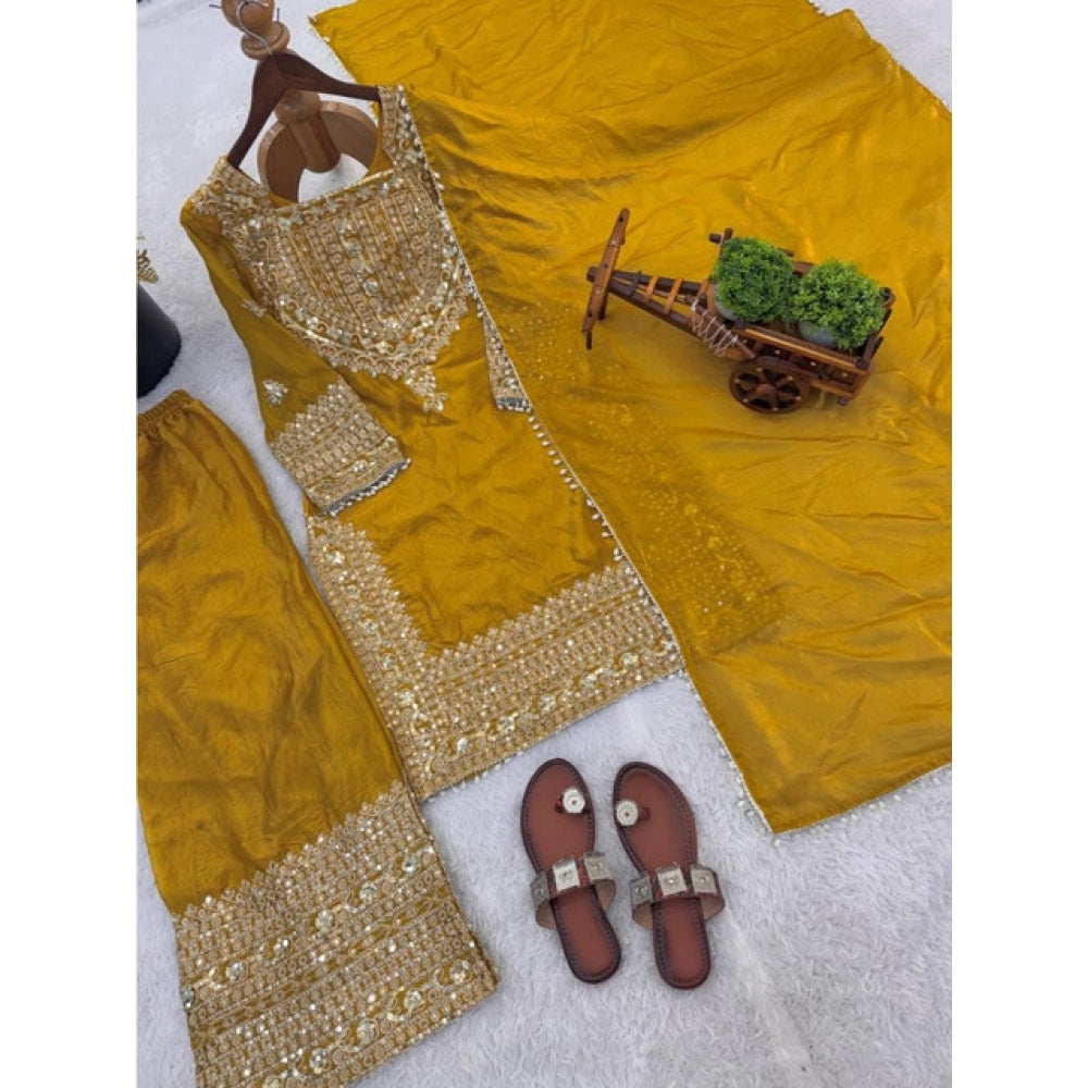 Women's Silk Embroidered 3/4th Sleeve Round Kurti With Sharara Pant and Dupatta Set (Yellow)