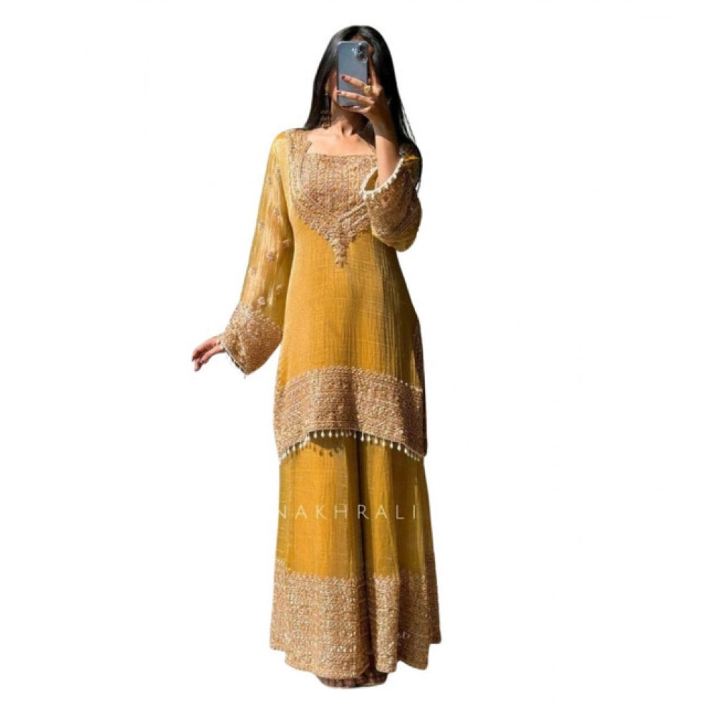 Women's Silk Embroidered 3/4th Sleeve Round Kurti With Sharara Pant and Dupatta Set (Yellow)