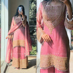 Women's Silk Embroidered 3/4th Sleeve Round Kurti With Sharara Pant and Dupatta Set (Pink)