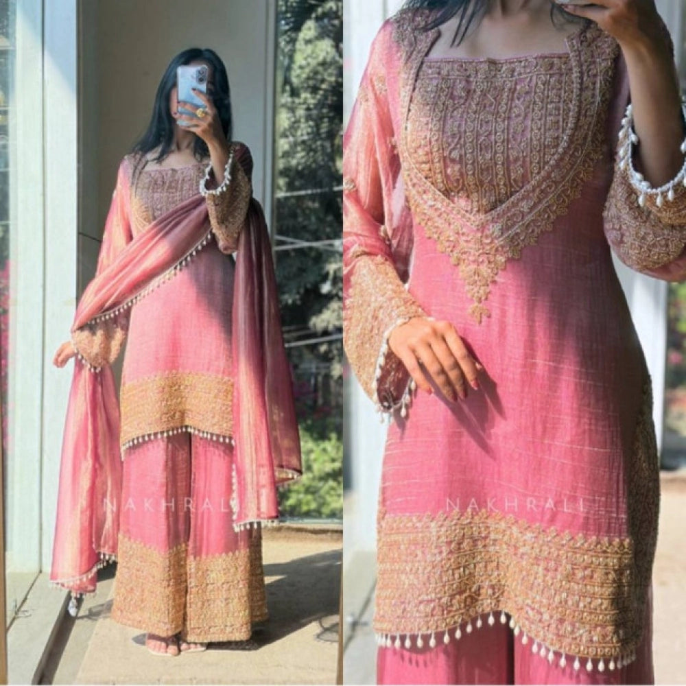 Women's Silk Embroidered 3/4th Sleeve Round Kurti With Sharara Pant and Dupatta Set (Pink)