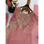 Women's Silk Embroidered 3/4th Sleeve Round Kurti With Sharara Pant and Dupatta Set (Pink)