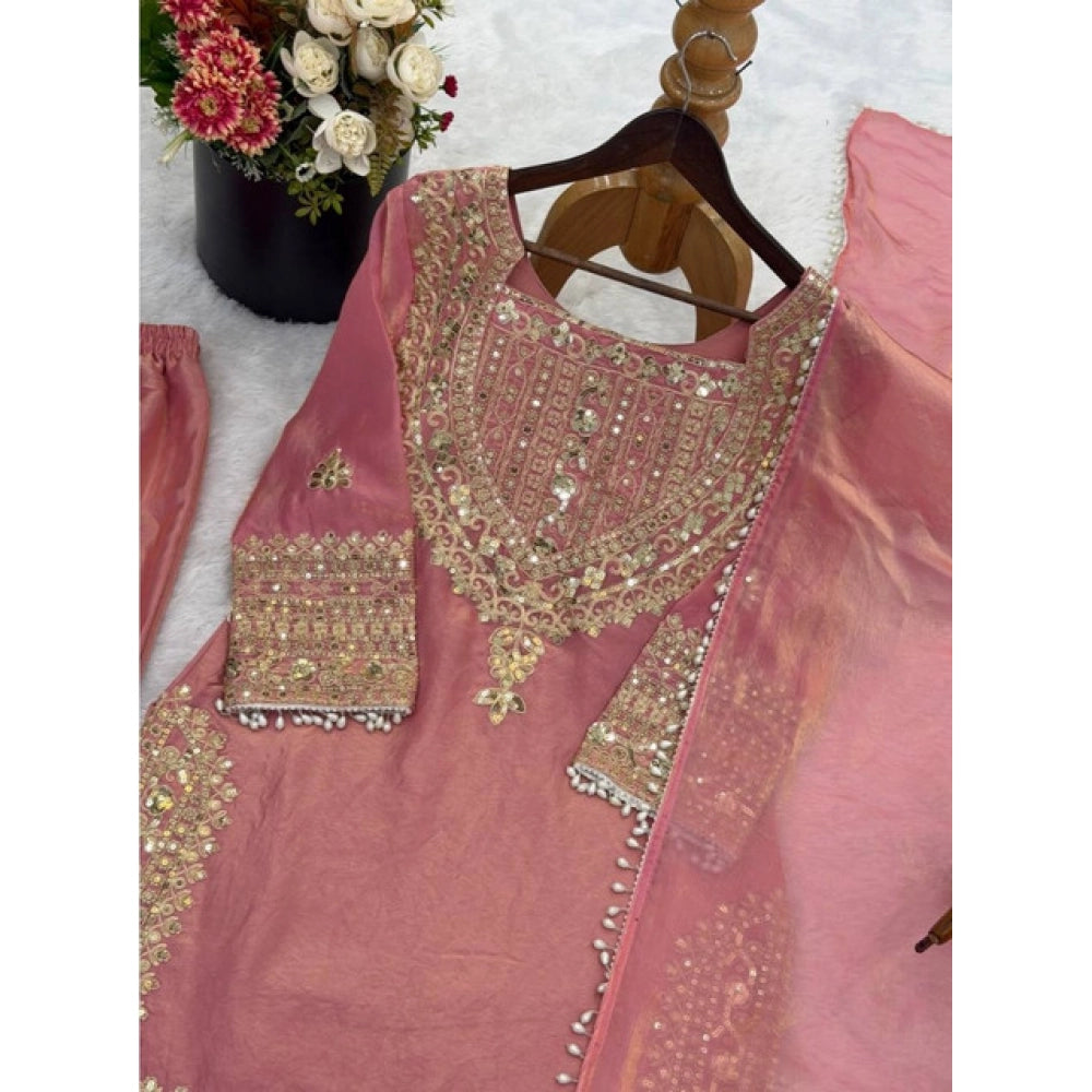 Women's Silk Embroidered 3/4th Sleeve Round Kurti With Sharara Pant and Dupatta Set (Pink)