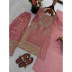 Women's Silk Embroidered 3/4th Sleeve Round Kurti With Sharara Pant and Dupatta Set (Pink)