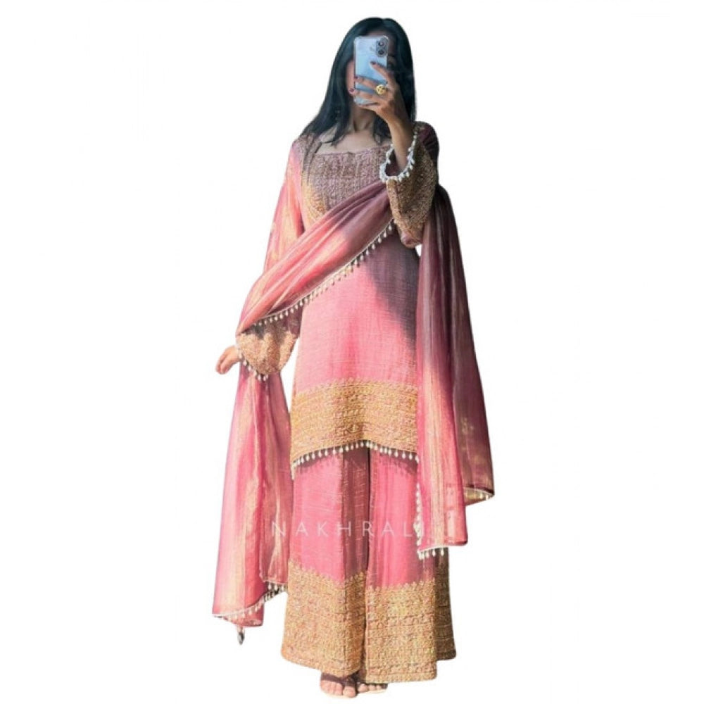 Women's Silk Embroidered 3/4th Sleeve Round Kurti With Sharara Pant and Dupatta Set (Pink)